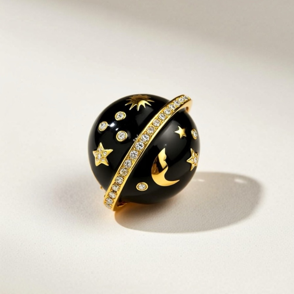 Vintage Swarovski & Black Enamel Celestial Planet Pin In Gold Tone